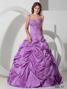 Ruched and Beaded Fuchsia Dress for Quince with Pick-ups and Spaghetti Straps