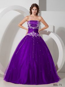 Purple Strapless Beading Quinceanera Gowns with Appliques in Taffeta and Tulle