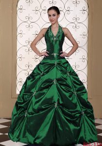 Glitz Dark Green Halter Top Quince Dress in Taffeta with Pick-ups and Appliques