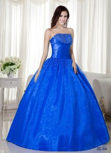 Inexpensive Blue Long Beading Dress for Quince with Strapless in Taffeta