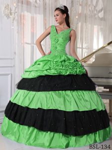 V-neck Taffeta Quince Dress with Layers and Rolling Flowers in Green and Black