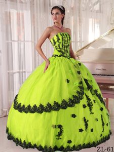 Yellow Green Beauty Sweet 15 Dresses with Black Appliques and Lace Up Back