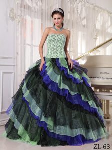 Multi-colored Long 2013 Dress for Quince with Ruffled Layers in Organza