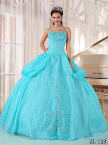 Cheap Aqua Blue Ball Gown Quince Dresses with Appliques and Spaghetti Straps