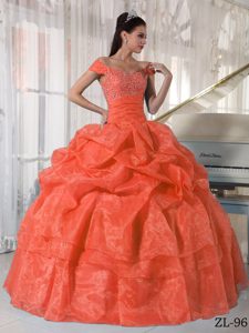 Off The Shoulder Orange Red Sweet 15 Dress with Beads in Taffeta and Organza