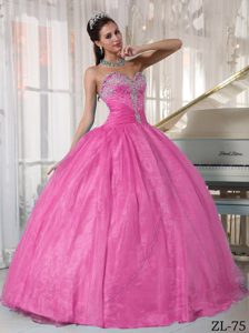Hot Pink Beaded and Appliqued Quinceanera Dress with Sweetheart Neck on Sale
