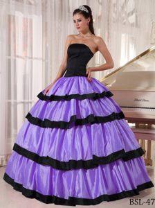 Long Taffeta Dress for Quince with Ruffled Layers in Lavender and Black