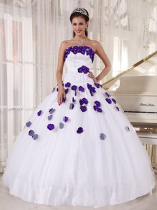 White Quinceanera Dresses with Purple Hand Made Flowers and Beads