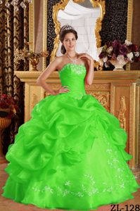 Strapless Spring Green Quince Dresses with Appliques and Pick-ups in Organza
