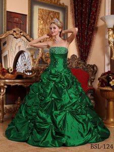 Cheap Green Pick-ups Sweet 15 Dresses with Beadings in Taffeta on Sale