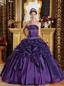Eggplant Purple Strapless Sweet 16 Quince Dresses with Pick-ups and Appliques