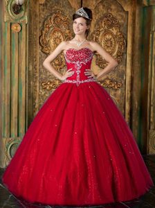 Beaded and Appliqued Dress for Quince with Heart Shaped Neckline in Red Color