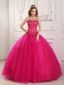 Glitz Ball Gown Strapless Sweet 16 Dress with Embroidery and Beads in Hot Pink