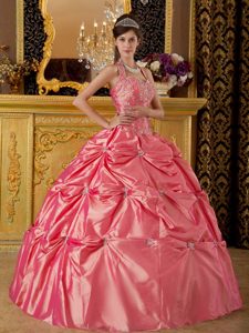 Watermelon Ball Gown Halter-top Quince Dress in Taffeta with Pick-ups for Fall