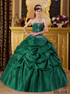 Appliqued Taffeta Sweet 16 Dresses with Beadings and Pick-ups in Hunter Green