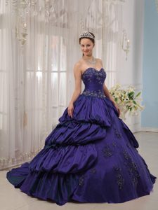 Dark Purple Sweetheart Quinceanera Gown in Taffeta with Appliques and Pick-ups