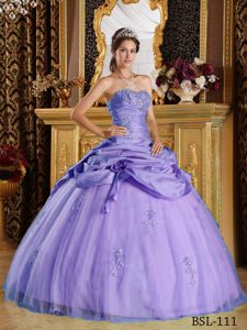 Amazing Strapless Long Purple Quince Gown with Appliques and Pick-ups
