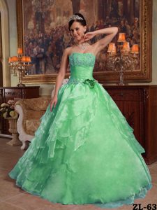 Ruched and Appliqued Quinces Dresses with Ruffles and Handle Flower in Green