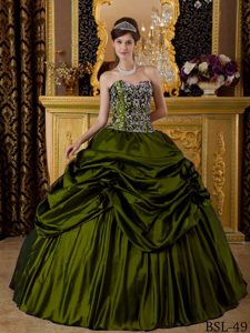 Classy Taffeta Sweet Sixteen Dress with Pick-ups and Embroidery in Olive Green