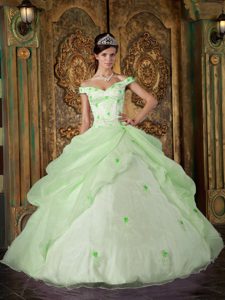 Off The Shoulder Long New Sweet 16 Dress with Appliques in Light Green