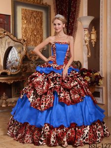 Stylish Blue Ball Gown Strapless Sweet Sixteen Dresses with Layers and Leopard