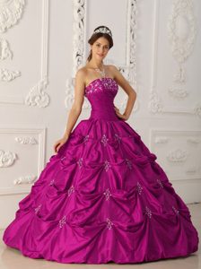Cheap Fuchsia Ruching Sweet Sixteen Dress with Appliques and Pick-ups on Sale