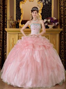 Peach Pink Strapless Organza Quinceanera Gown with Pick-ups and Rhinestones