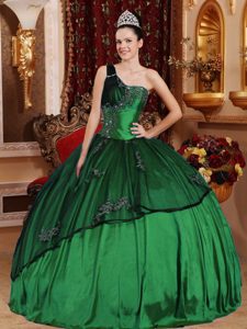 Green One Shoulder Beaded and Appliqued Dress for Quince in Taffeta and Organza