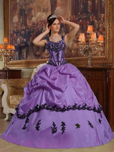Purple Ball Gown Straps Appliqued Dresses for Quince in Taffeta with Embroidery