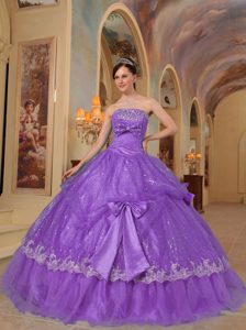 Ball Gown Strapless Purple Quinceanera Dress in Sequins and Organza with Bowknot