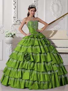 Spring Green Ball Gown Sweetheart Embroidery Ruffled Quinceanera Dress in Taffeta