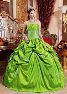 Ball Gown Strapless Spring Green Formal Quinceanera Dress in Taffeta with Appliques