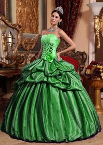 Green Ball Gown Strapless Taffeta Quinceanera Dress with Pick Ups and Hand Flower