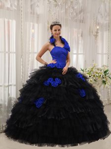 Dark Blue and Black Halter Taffeta and Organza Dress for Quince with Hand Flowers