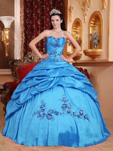 Aqua Blue Sweetheart Taffeta Dress for Quince with Appliques and Pick Ups for Less