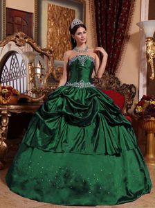 Dark Green Ball Gown Strapless Beaded Quinceanera Dress in Taffeta with Pick Ups