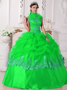 Spring Green Ball Gown Halter Beaded and Appliqued Dresses for Quince in Taffeta