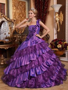 Elegant One Shoulder Quinceanera Dress with Hand Flowers in Taffeta and Organza