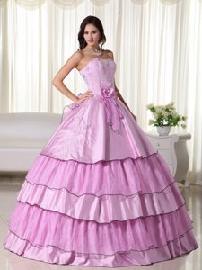 Pink Ball Gown Strapless Taffeta Dresses for Quince with Beading and Hand Flower