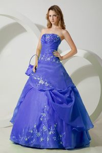 Purple Ball Gown Strapless Embroidery Formal Quinceanera Dress Made in Chiffon