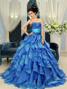 Gorgeous Blue Appliqued Organza Quinceanera Dress with Ruffles for Cheap