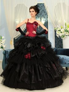 One Shoulder Ball Gown Organza Quinceanera Dress with Ruffles and Hand Flowers