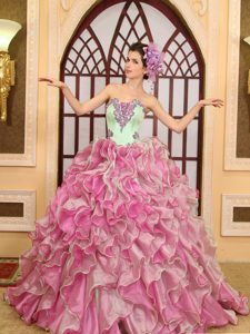 Pretty Strapless Organza and Satin Ruffled Dress for Quince in Green and Rose Pink