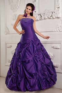 Eggplant Purple Strapless Taffeta Quinceanera Dress with Beading and Embroidery