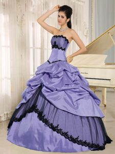 Purple and Black Strapless Taffeta Dresses for Quince with Pick-ups and Appliques