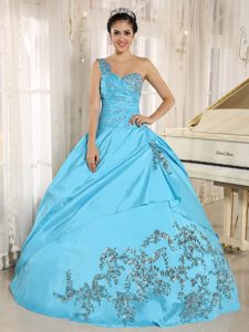 Baby Blue One Shoulder Quinceanera Dress with Appliques and Beading in Taffeta