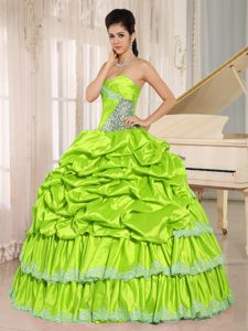 Yellow Green Beaded Quinceanera Dressrd in Taffeta with Appliques and Pick-ups