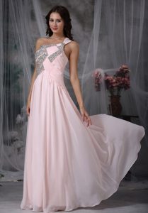 One Shoulder Long Chiffon Formal Graduation Dresses in Baby Pink