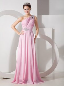 Pink One Shoulder Chiffon Lace-up Grad Dress with Beading