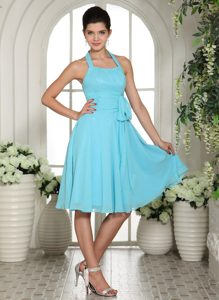 Popular Aqua Blue Halter Top Zipper-up Prom Dress for Graduation with Sash